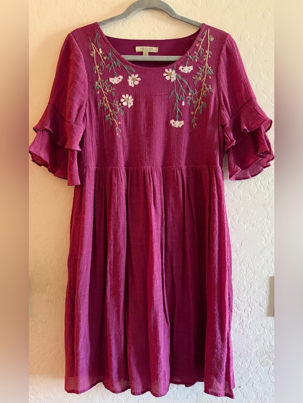 Polagram, small, boho, fushia, embroidered midi dress
